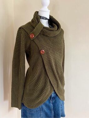 Subversive grunge olive green knitted cowl neck sweater minimalist chunky boho S